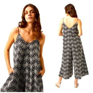 Anthropologie Traffic People Embroidered Black & White Wide Leg Jumpsuit. Large